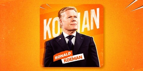 Ronald Koeman met oranje achtergrond en zijn naam in opvallende letters.