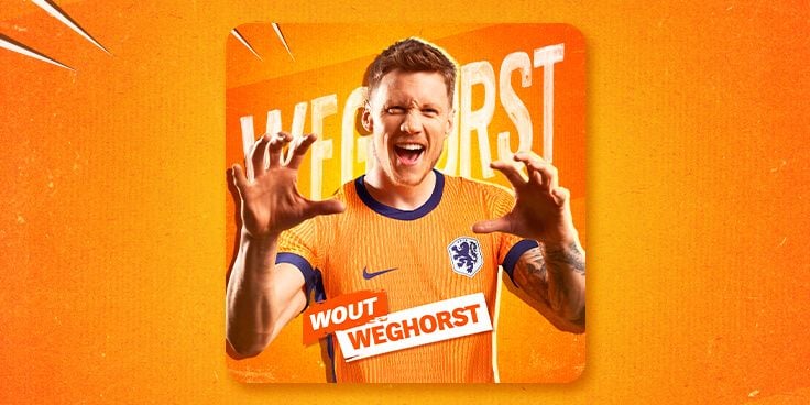 Nederlands voetbalshirt met de naam Wout Weghorst op een oranje achtergrond.