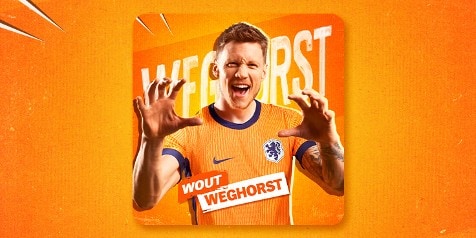 Nederlands voetbalshirt met de naam Wout Weghorst op een oranje achtergrond.