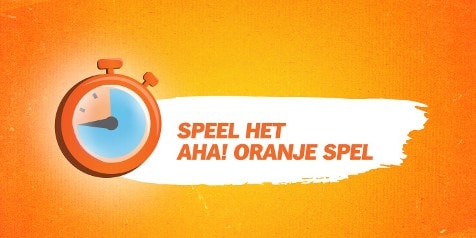 Speel het AHA! Oranje Spel promo afbeelding met oranje stopwatch en felgekleurde achtergrond.