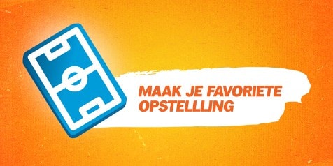 Promotiebeeld met tekst 'Maak je favoriete opstelling' en pictogram van een voetbalveld op een oranje achtergrond.