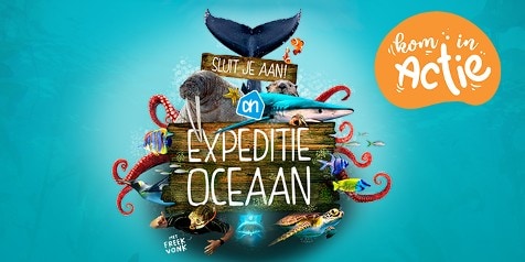 Promotieafbeelding van Albert Heijn's Expeditie Oceaan campagne met verschillende zeedieren en de tekst "Kom in Actie" en "Sluit je aan!"
