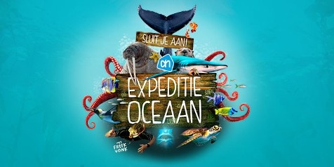 Promotieposter van Albert Heijn voor 'Expeditie Oceaan' met Freek Vonk, featuring verschillende zeewezens zoals een walvis, octopus, pinguïn en een vis.