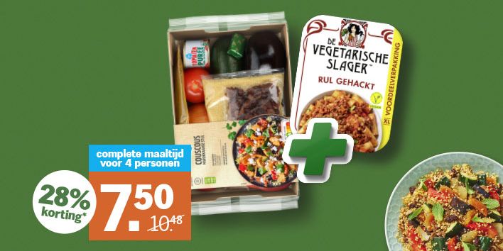Complete maaltijdbox voor 4 personen met couscous en De Vegetarische Slager Rul Gehackt in aanbieding met 28% korting bij Albert Heijn