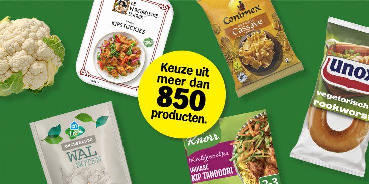 Verschillende vegetarische producten waaruit je kunt kiezen met de Geniet van 't Goede cadeaukaart. Gele button Keuze uit meer dan 850 producten.