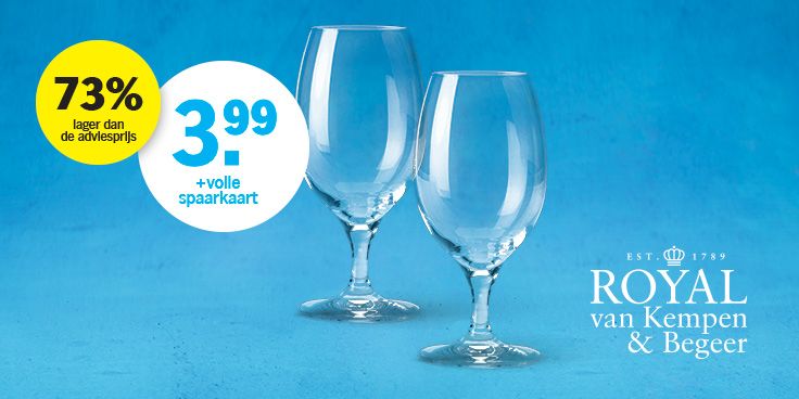 Twee Royal van Kempen & Begeer wijnglazen op blauwe achtergrond met spaaractie aanbieding van 3,99 euro en 73% korting