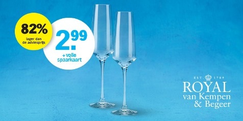 Twee Royal van Kempen & Begeer champagneglazen op een blauwe achtergrond met spaaractie en prijs van 2,99 euro, 82% korting lager dan de adviesprijs