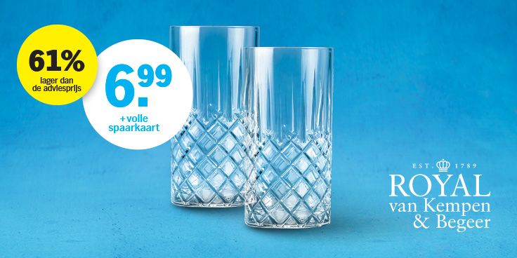Twee Royal van Kempen & Begeer kristallen glazen met spaarkaartactie en aanbieding van 6,99 euro, 61% korting op de adviesprijs