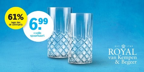 Twee Royal van Kempen & Begeer kristallen glazen met spaarkaartactie en aanbieding van 6,99 euro, 61% korting op de adviesprijs