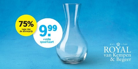 Glazen vaas van Royal van Kempen & Begeer met spaaractie en prijs van 9,99 euro, 75% korting ten opzichte van de adviesprijs