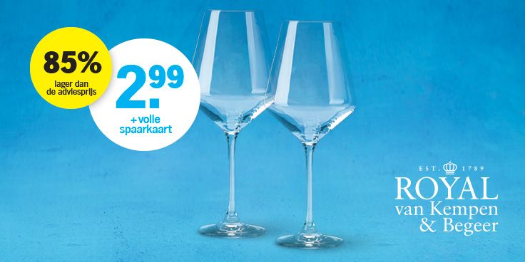 Twee Royal van Kempen & Begeer wijnglazen met kortingsactie bij Albert Heijn, 2,99 euro plus volle spaarkaart en 85% lager dan de adviesprijs