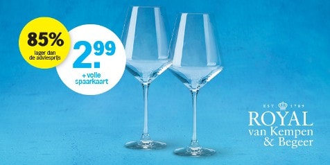 Twee Royal van Kempen & Begeer wijnglazen met kortingsactie bij Albert Heijn, 2,99 euro plus volle spaarkaart en 85% lager dan de adviesprijs