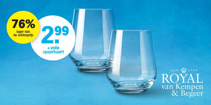 Twee Royal van Kempen & Begeer glazen met spaaraanbieding bij Albert Heijn, 76% korting en prijs van 2,99 euro met volle spaarkaart
