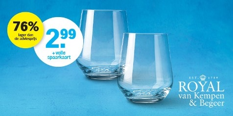Twee Royal van Kempen & Begeer glazen met spaaraanbieding bij Albert Heijn, 76% korting en prijs van 2,99 euro met volle spaarkaart