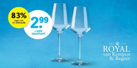 Twee wijnglazen van Royal van Kempen & Begeer met spaarkaartactieprijs van 2,99 euro, 83% lager dan de adviesprijs, op blauwe achtergrond