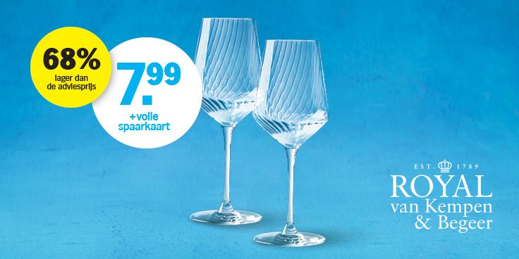 Twee kristallen wijnglazen van Royal van Kempen & Begeer met een actieprijs van 7,99 euro bij inlevering van een volle spaarkaart, korting van 68% op de adviesprijs.