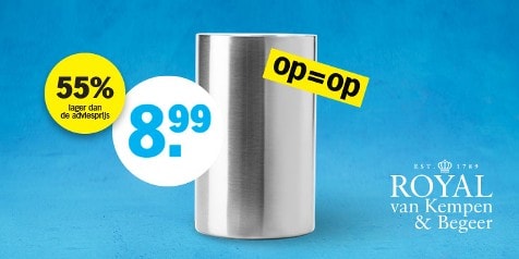 RVS beker van Royal van Kempen & Begeer in aanbieding voor 8,99 euro, 55% korting, op=op actie