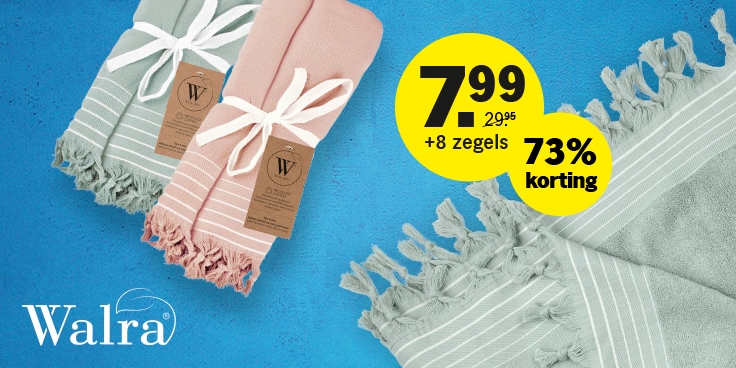Promotieafbeelding van Walra handdoeken met 73% korting, aangeboden voor 7,99 euro plus 8 zegels.