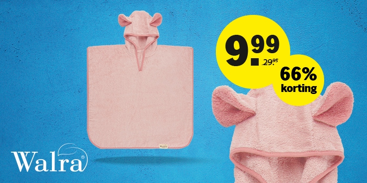 Roze Walra poncho met capuchon en oortjes, afgeprijsd tot €9,99 met 66% korting.