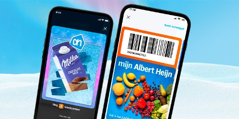 Twee smartphones met de Albert Heijn app: één toont een Milka chocolademelk kraslot, de ander de digitale bonuskaart en kleurrijk groente- en fruitassortiment.