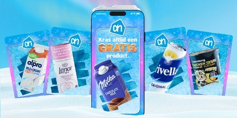Scherm van een mobiele telefoon waarop kraskaart te zien is waar MIlka chocolademelk naar voren komt met tekst kras altijd een gratis product