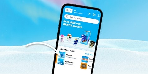 Smartphone met Albert Heijn app open, met focus op de actiesectie en een pijl naar de optie 'Mijn Tegoed'