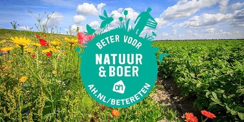 Beter Voor Natuur & Boer campagne van Albert Heijn met een bloemenveld en gewassen op de achtergrond.