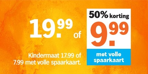 Alt tekst: Spaarkaart actie bij Albert Heijn: 50% korting, volwassenen voor 19,99 euro of 9,99 euro met volle spaarkaart, kindermaat 17,99 euro of 7,99 euro met volle spaarkaart, op een oranje achtergrond.