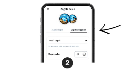 Beeld van de Albert Heijn app met zegels delen en totaal aantal zegels weergegeven.