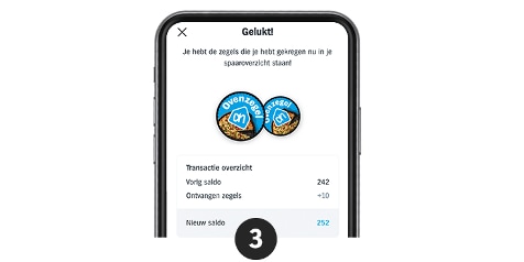 Mobiele telefoon scherm met spaarzegels van Albert Heijn ovenzegels en saldo overzicht.