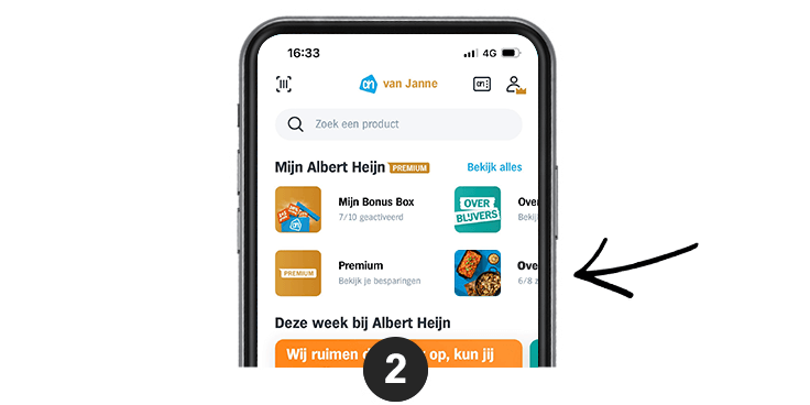 Smartphone scherm met de Albert Heijn app geopend, toont opties zoals "Mijn Bonus Box" en "Overblijvers".