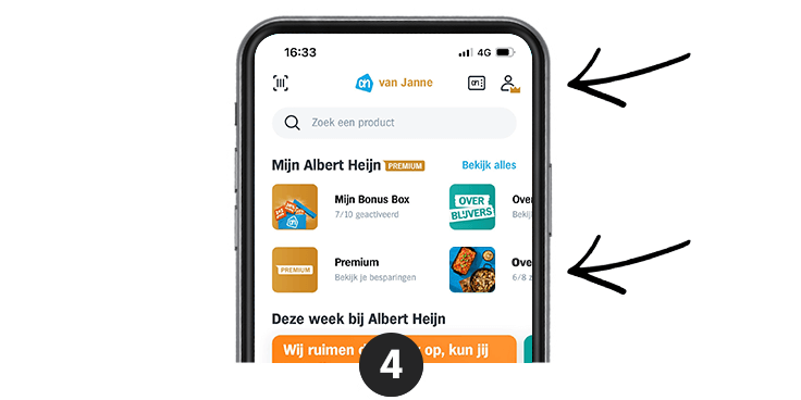 Scherm van Albert Heijn app met opties voor Mijn Bonus Box en Overblijvers.