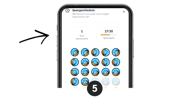Smartphone scherm met een spaarprogramma van Albert Heijn, met 1 volle spaarkaart en 17 van de 30 benodigde spaarzegels verzameld.