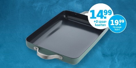 Metalen ovenschaal met handvatten, afgebeeld op een blauwe achtergrond met een promotie van €14,99 met 2 spaarkaarten of €19,99 met 1 spaarkaart.