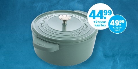 Groene gietijzeren pan van het merk GreenPan, met spaaractieprijzen van €44,99 met 2 spaarkaarten of €49,99 met 1 spaarkaart op een blauwe achtergrond.
