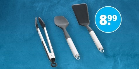 Keukentang, spatel en bakspatel met metalen handvat, set voor €8,99 op blauwe achtergrond.