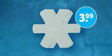 Pannenscheiders van GreenPan met een prijslabel van 3,99 euro op een blauwe achtergrond.