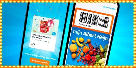 Twee smartphoneschermen met de Albert Heijn-app: links een melding dat AH Snoepgroente pitloze paprika rood is gewonnen, rechts een digitale bonuskaart en kleurrijke groenten en fruit met de tekst "mijn Albert Heijn".