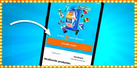 Mobiel scherm met de Albert Heijn-app waarop een spaaractie te zien is, met een grote oranje knop 'Draaien maar!', promoties zoals 50% en 70% korting en afbeeldingen van diverse boodschappenproducten.