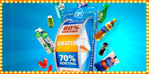 Afbeelding van een kleurrijke spelautomaat bij Albert Heijn, omringd door diverse A-merkproducten zoals Coca-Cola, Lipton Ice Tea, Optimel, Campina en Ola, met teksten als '60% korting', 'gratis' en '70% korting' op het display, en een feestelijk verlichte rand.