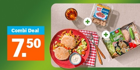 Combi Deal van 7,50 euro met een maaltijdschaal, bakje Vivera vegan kipstukjes en een verse salade op tafel met een glas frisdrank.