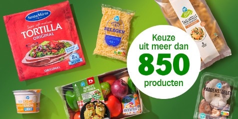 Selectie van boodschappen van Albert Heijn waaronder Santa Maria tortilla's, AH geraspte kaas, AH tagliatelle, crème fraîche light, paddenstoelenmix en een pakket voor burrito's met bonen, met in het midden de tekst "Keuze uit meer dan 850 producten".