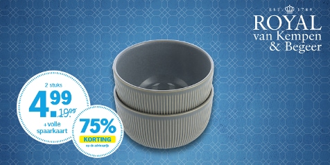 Promotie van Royal van Kempen & Begeer met twee kommen, 75% korting op de adviesprijs bij volle spaarkaart voor €4,99.