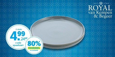 Promotie afbeelding van Royal van Kempen & Begeer porseleinen borden, 2 stuks voor 4,99 euro met een volle spaarkaart, wat een voordeel van 80% op de adviesprijs oplevert.