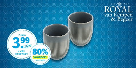 Promotie van Royal van Kempen & Begeer: twee bekers voor €3,99 met volle spaarkaart, 80% korting.