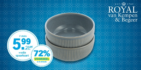 Promotie van Royal van Kempen & Begeer: twee stenen schaaltjes voor €5,99 met volle spaarkaart, 72% voordeel op de adviesprijs.