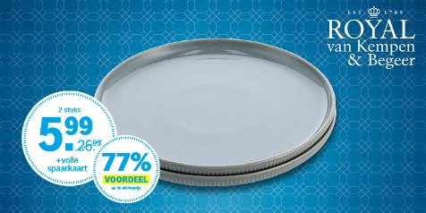 Actieaanbieding: Royal van Kempen & Begeer borden, 2 stuks voor €5,99 met volle spaarkaart, 77% korting op de adviesprijs.