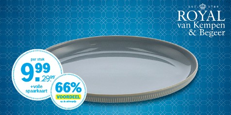 Promotie voor Royal van Kempen & Begeer grijs bord, met een prijs van 9,99 euro per stuk bij inlevering van een volle spaarkaart, wat een voordeel van 66% oplevert.