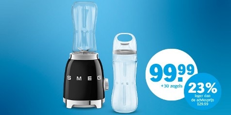 Blender van Smeg met actieprijs van 99,99 euro met 30 zegels, 23% lager dan de adviesprijs van 129,99 euro.