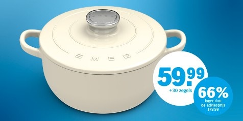 Creme SMEG stoofpan aanbieding, te koop voor €59,99 plus 30 zegels, 66% lager dan de adviesprijs van €179,99.